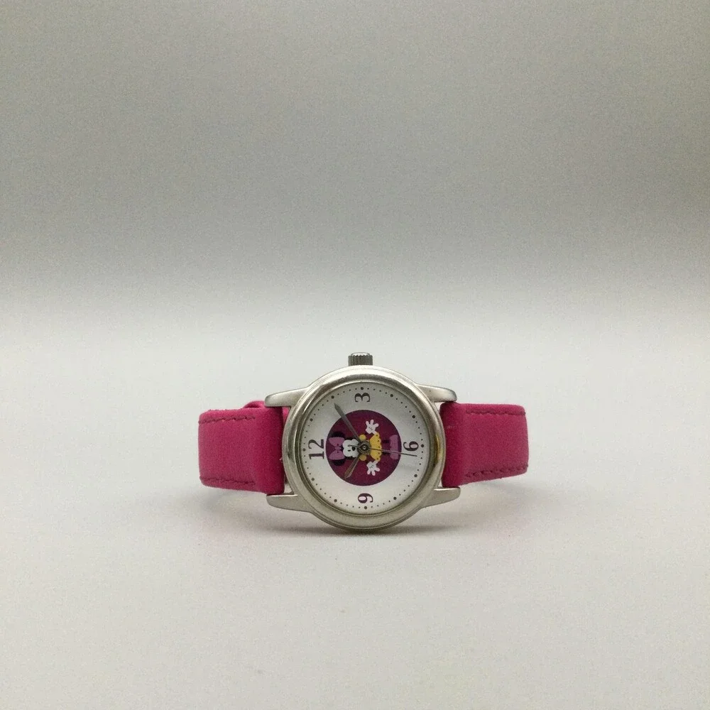 Disney Minnie Mouse Girls Watch 23mm Silver Tone Pink Leather MCO242 New Battery